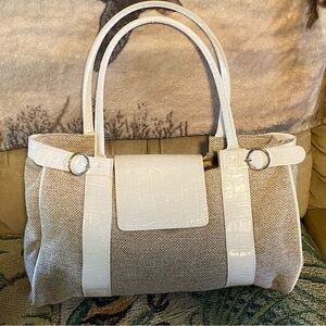 Women’s Beige Canvas Tote with White Croc-Texture Trim